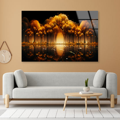 Oil Painting of Golden Trees & Lake Acrylic Glass Print Tempered Glass Wall Art 100% Made in Australia Ready to Hang - Bella Home Decor