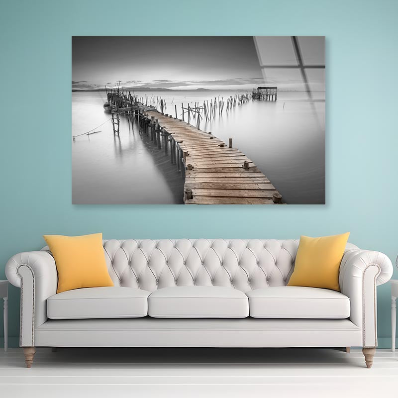 B&W Peaceful Ancient Pier Acrylic Glass Print Tempered Glass Wall Art 100% Made in Australia Ready to Hang