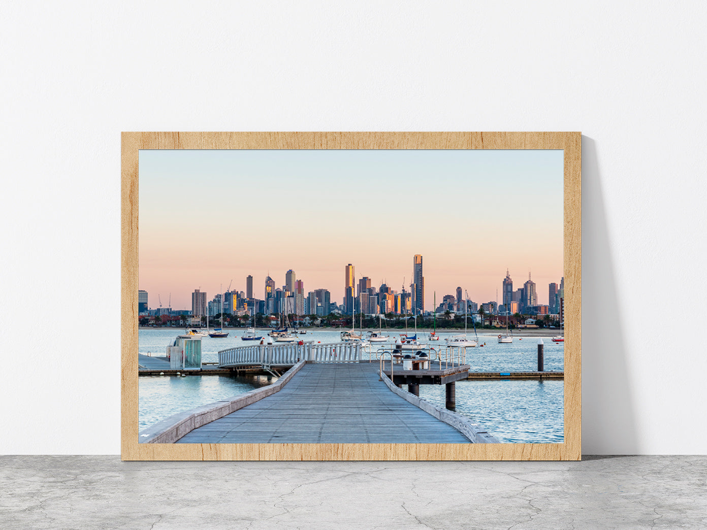 Melbourne City Skyline Sunrise Glass Framed Wall Art, Ready to Hang Quality Print Without White Border Oak