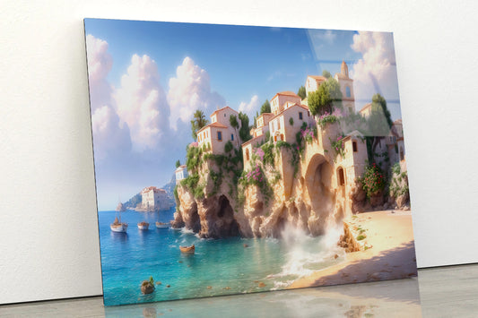 Colorful Beach Scene with Charming Houses Acrylic Glass Print Tempered Glass Wall Art 100% Made in Australia Ready to Hang