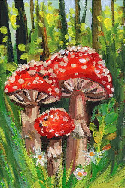 Red Amanita Mushrooms Forest Painting 40x60cm Metal Print Ready to Hang