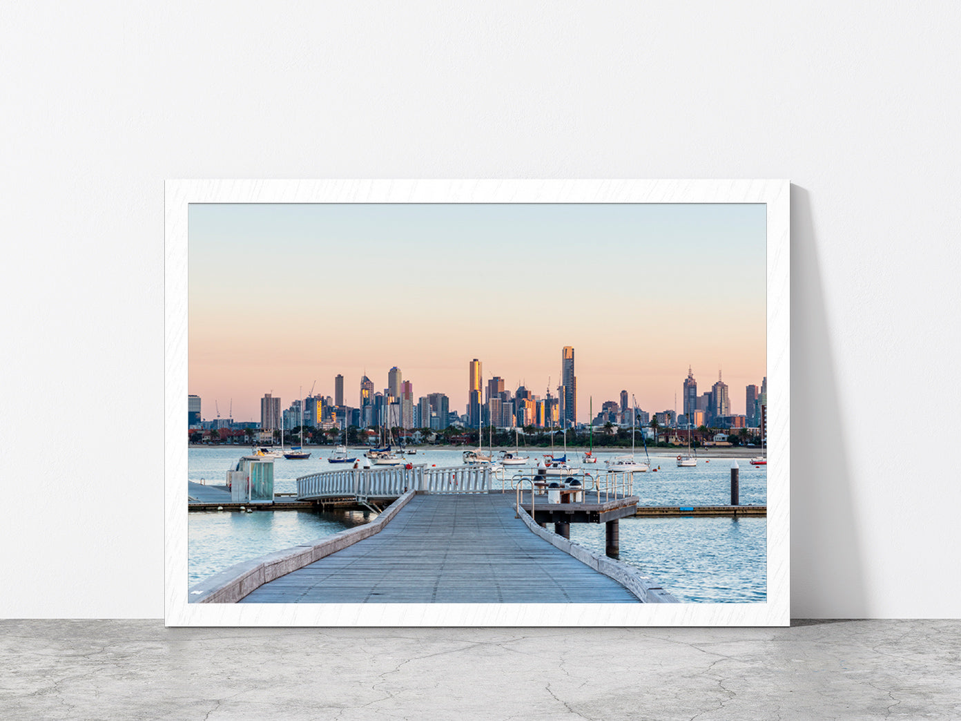 Melbourne City Skyline Sunrise Glass Framed Wall Art, Ready to Hang Quality Print Without White Border White