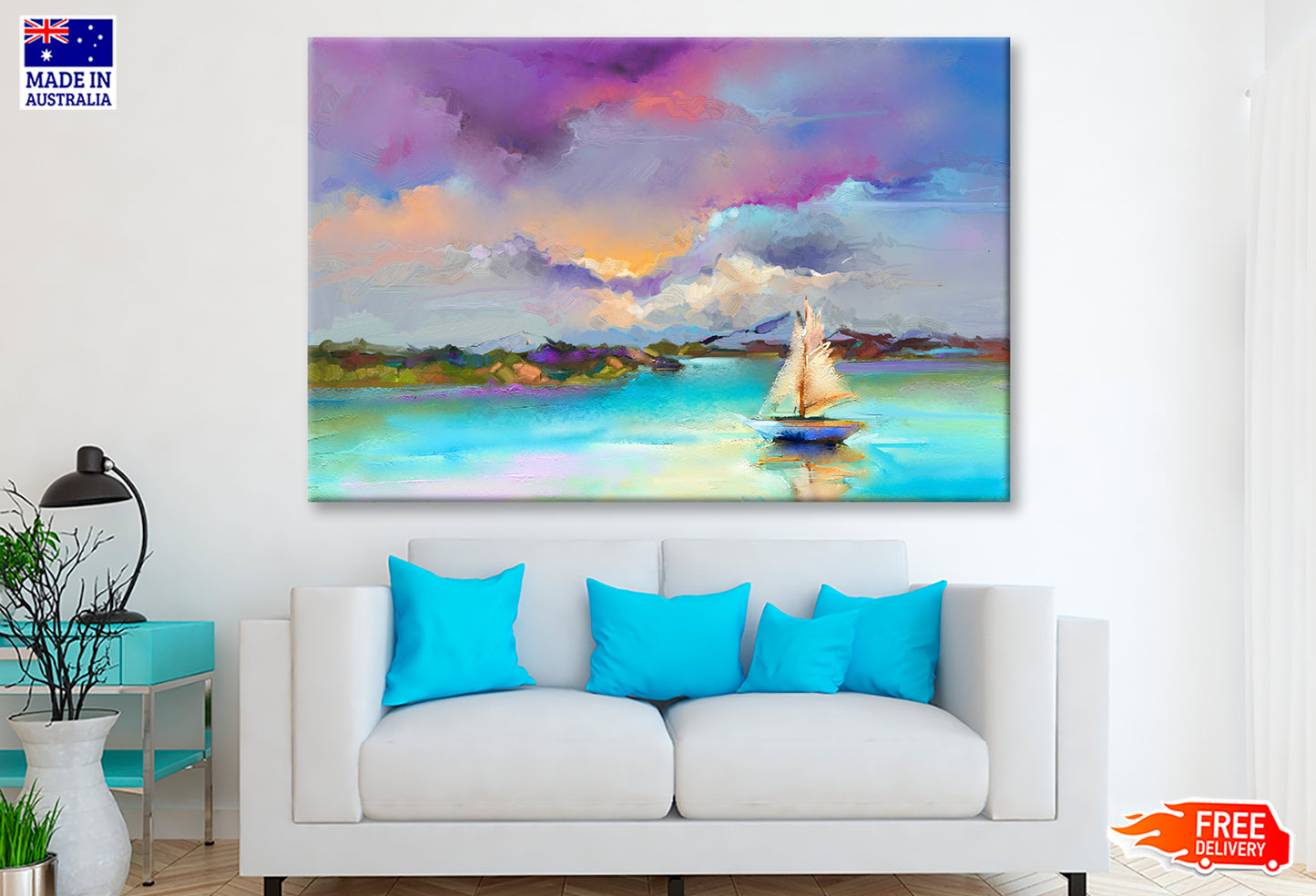 Sail Boat On Sea With Colorful Sky Oil Painting Wall Art Limited Edition High Quality Print