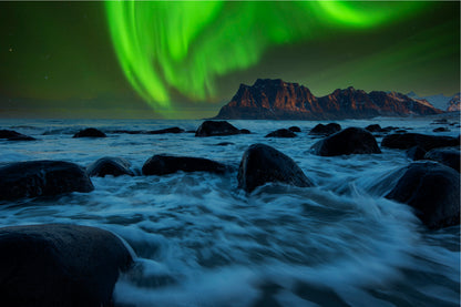 Aurora Rising Above A Mountain Glass Framed Wall Art, Ready to Hang Quality Print