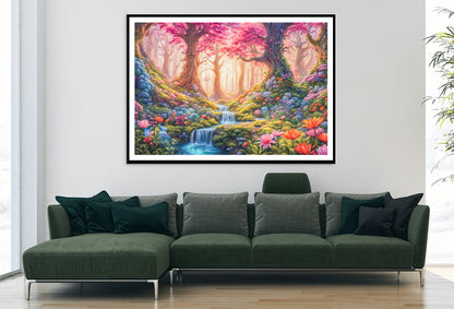 A Painting of a Garden with a Waterfall & Flowers Home Decor Premium Quality Poster Print Choose Your Sizes