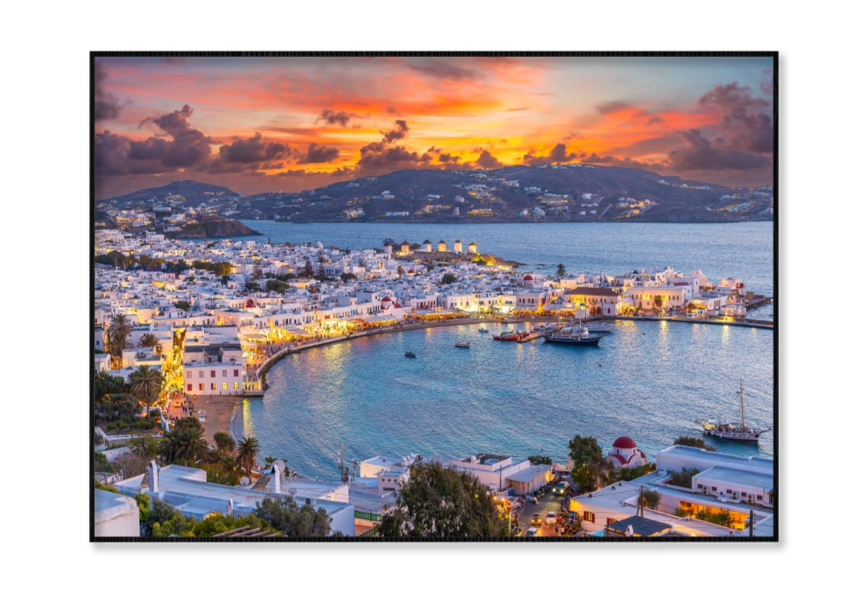 Embrace The Warm Hues of Sunset in Mykonos Town Chora Home Decor Premium Quality Poster Print Choose Your Sizes - Bella Home Decor