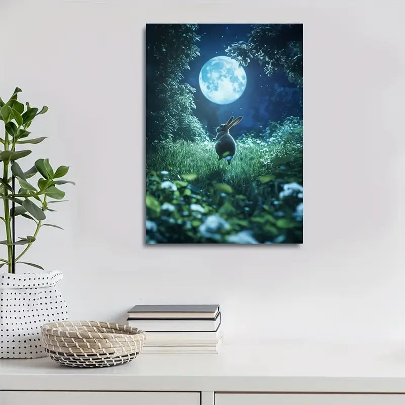 Joyful Bunny Jumping Under Soft Moonlight 40x60cm Metal Print Ready to Hang - Bella Home Decor