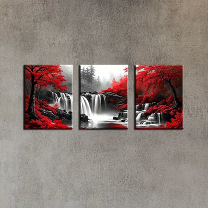 3pcs Red Tree & Waterfall Landscape Metal Print Ready to Hang Art