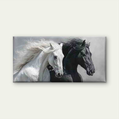 White And Black Horse Galloping Wall Art Canvas Office Home Room Framed 120x60cm