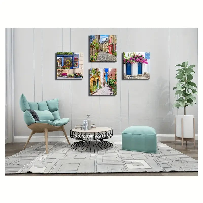 4pcs Colorful European Townscape Wall Art Canvas Framed