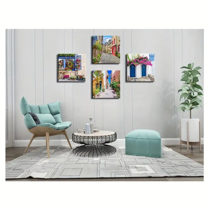 4pcs Colorful European Townscape Wall Art Canvas Framed