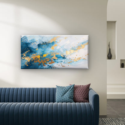 Teal Blue Gold Foil Wall Art Canvas Office Home Room Framed 120x60cm
