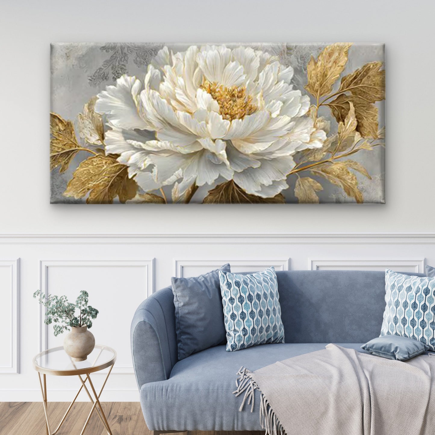 White & Golden Floral Wall Art Canvas Office Home Room Framed 120x60cm