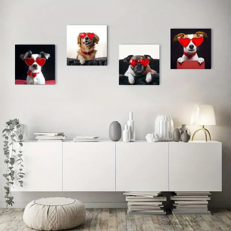 4pcs Funny Animals Handsome Dog Wall Art Canvas Framed