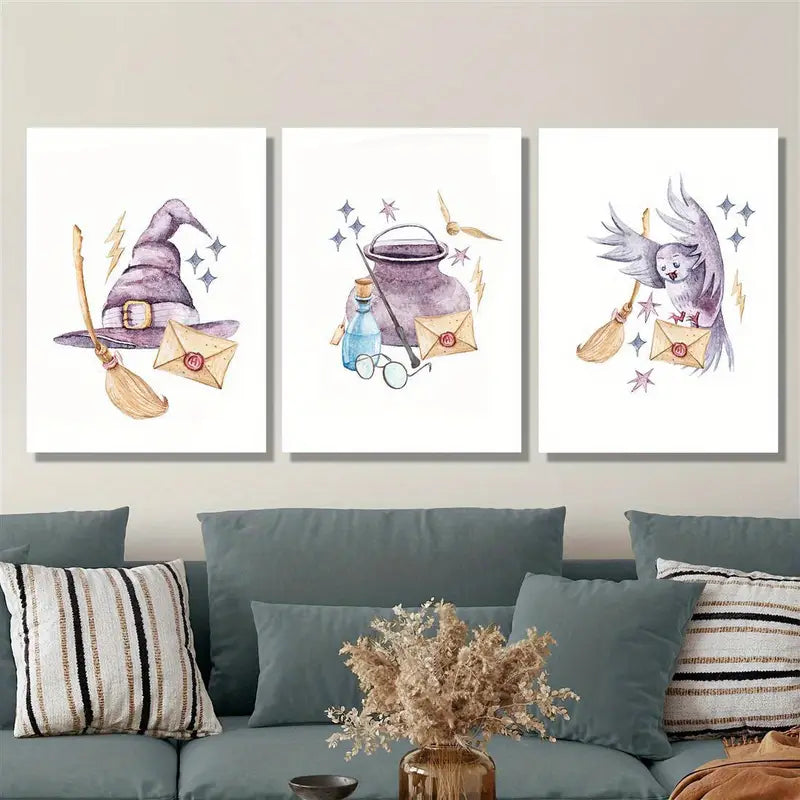 3pcs Whimsical Witch Hat, Cauldron & Envelope Desi Metal Print Ready to Hang Art