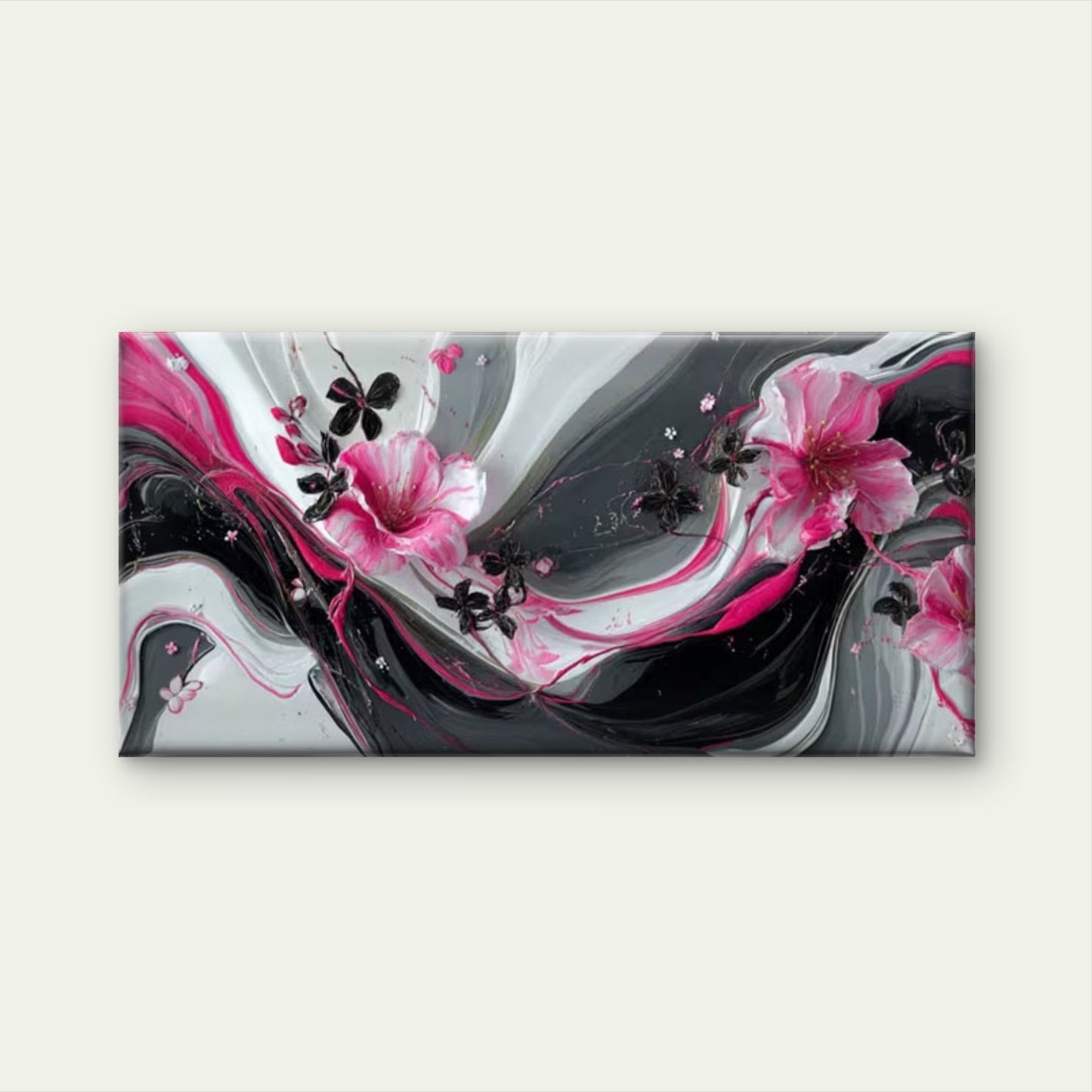 Dark Pink & Floral Design Wall Art Canvas Office Home Room Framed 120x60cm