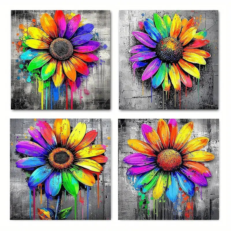 4pcs  Vibrant Daisy Flower GraffitiWall Art Canvas Framed