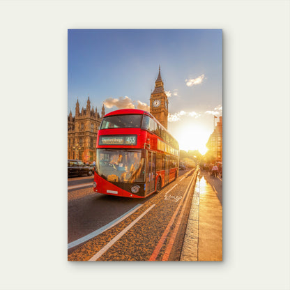 Big Ben London Red Double Decker Bus Sunset 40x60cm Metal Print Ready to Hang