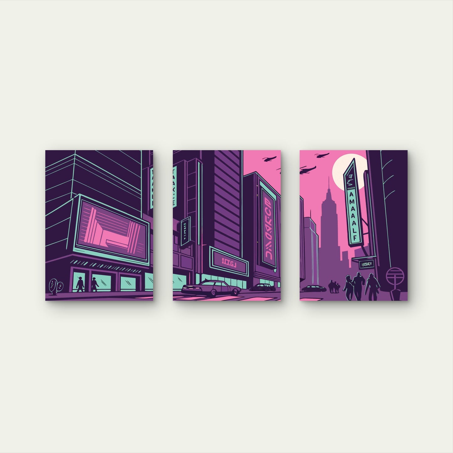 3pcs The Violet Neon Metropolis Metal Print Ready to Hang Art