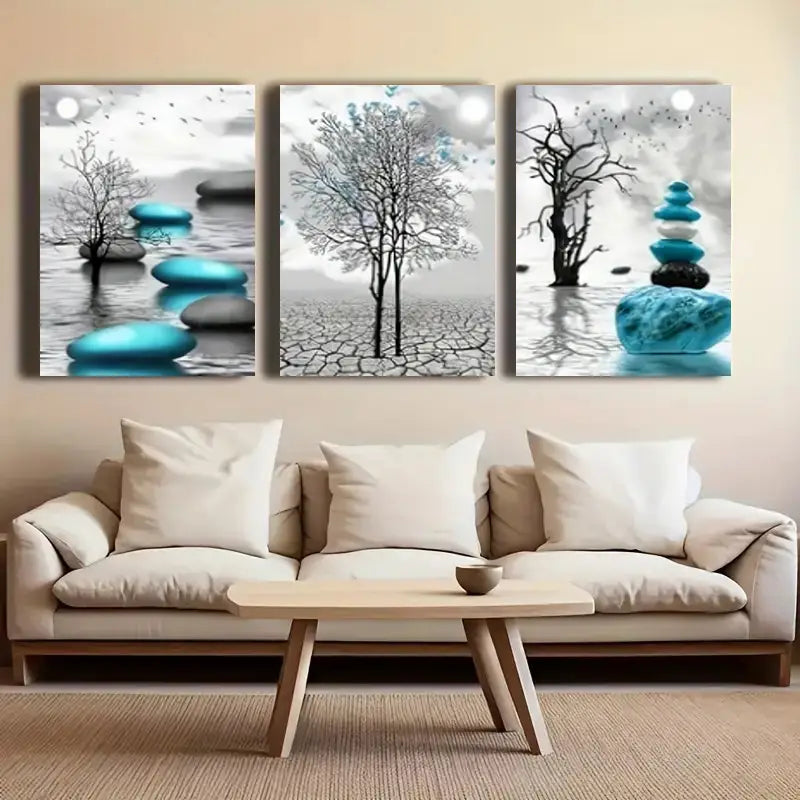 3pcs  Black, White, Gray, Blue & Turquoise Abstrac Metal Print Ready to Hang Art - Bella Home Decor