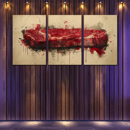 3pcs Painting of a Raw Steak Wall Art Set Canvas Framed 50x70cm - High Quality Print 100% Australian Made Wall Canvas Ready to Hang