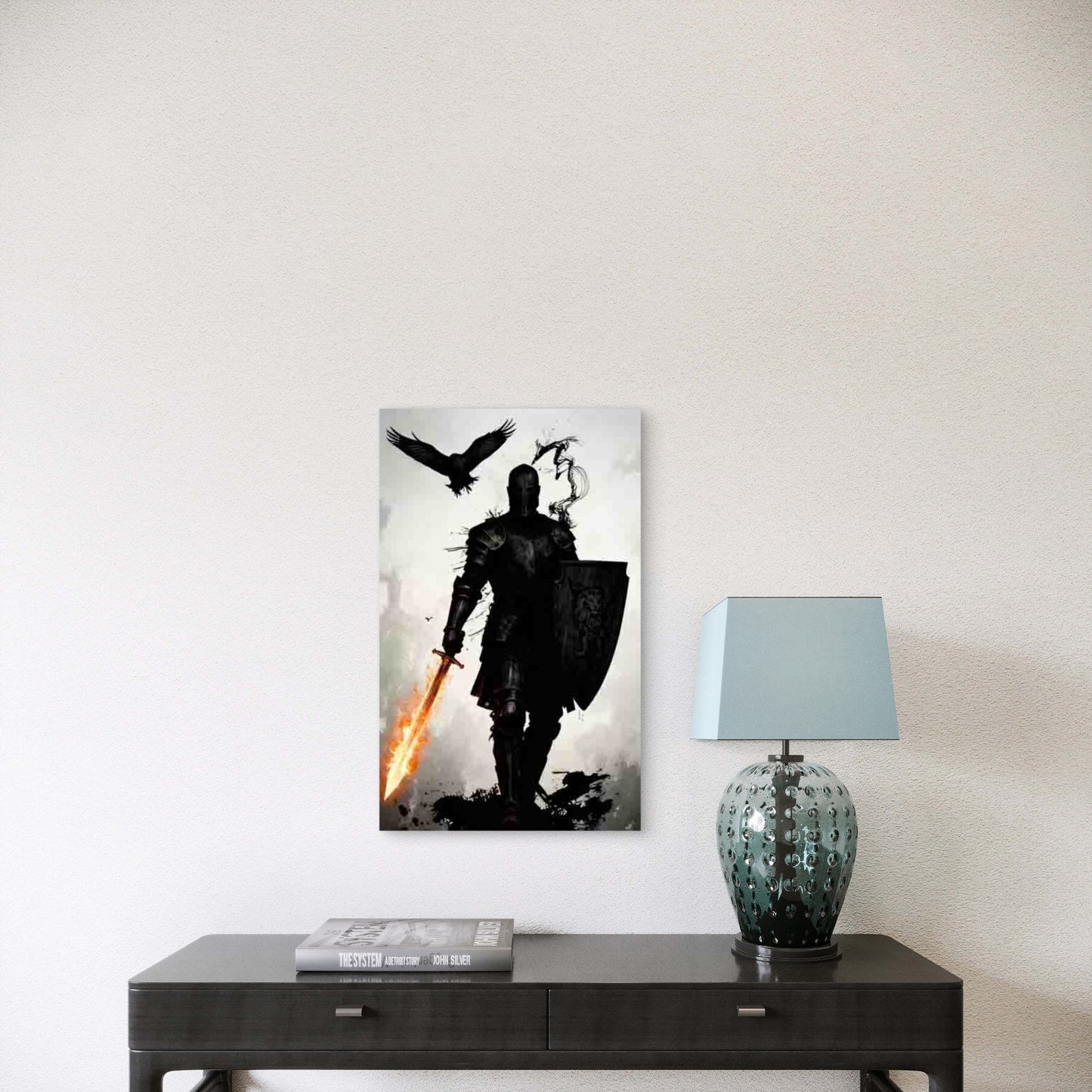 Medieval Knight with Fire Sword & Shield Metal Print Ready to Hang