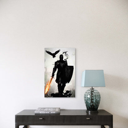 Medieval Knight with Fire Sword & Shield Metal Print Ready to Hang