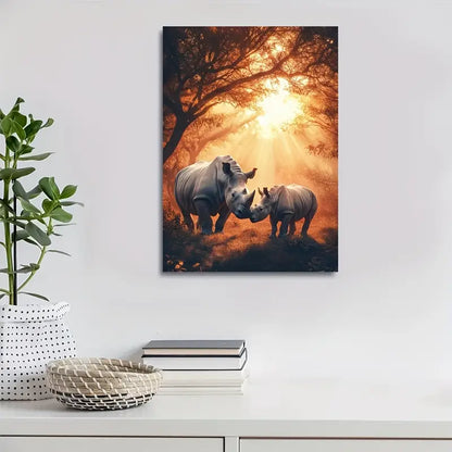 Dreamlike Rhino Scene Under Glowing Sunset Sky 40x60cm Metal Print Ready to Hang - Bella Home Decor