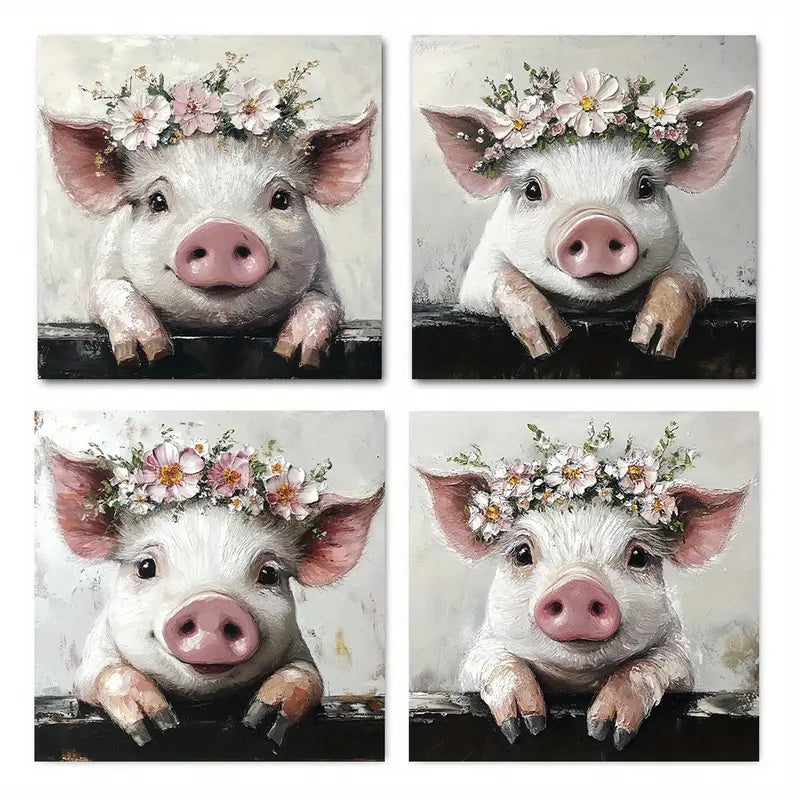 4pcs  Adorable Pig Modern Flower Crown Design Wall Art Canvas Framed