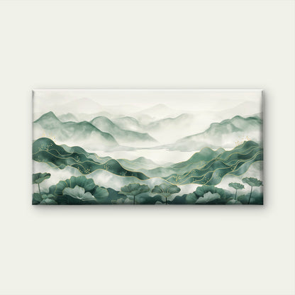 Misty Peaks, Golden Lines Wall Art Canvas Office Home Room Framed 120x60cm - Bella Home Decor