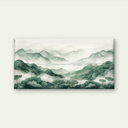 Misty Peaks, Golden Lines Wall Art Canvas Office Home Room Framed 120x60cm