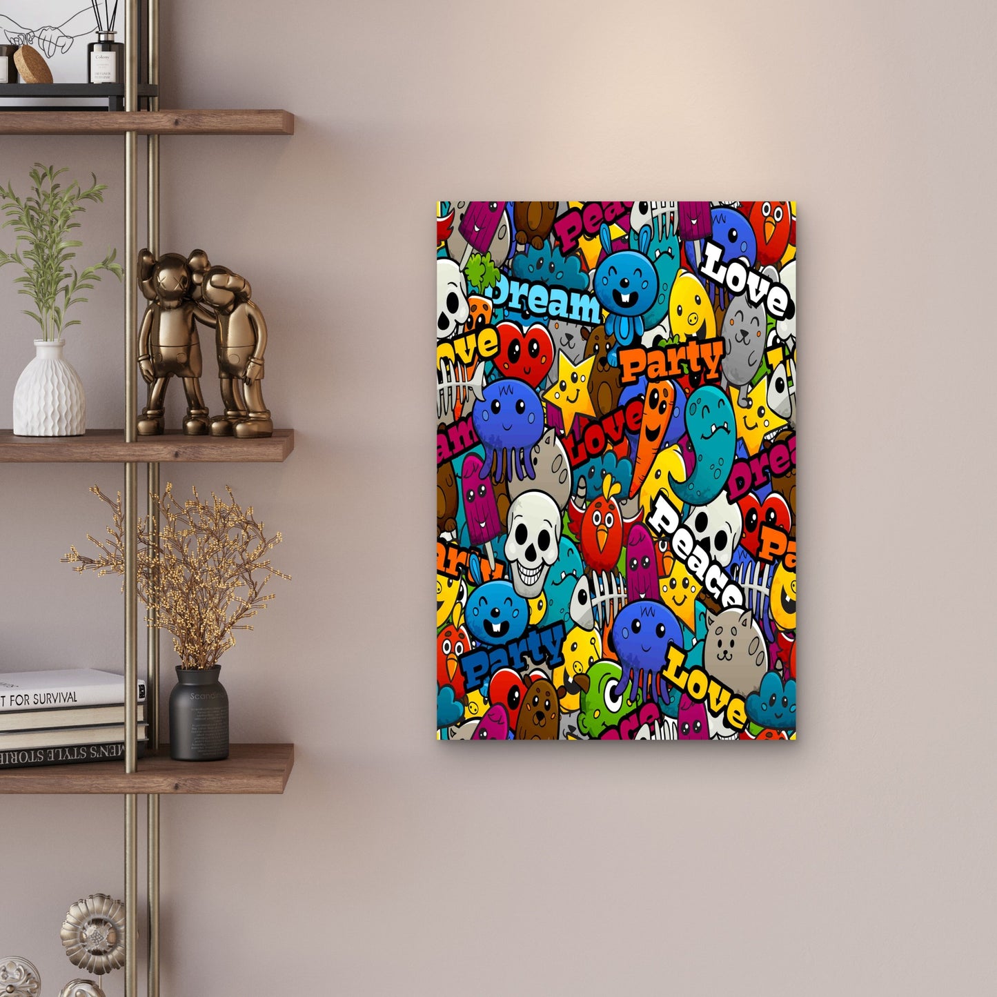 Graffiti Cartoon Abstract Characters Peace Love 60x90cm Metal Print Ready to Hang