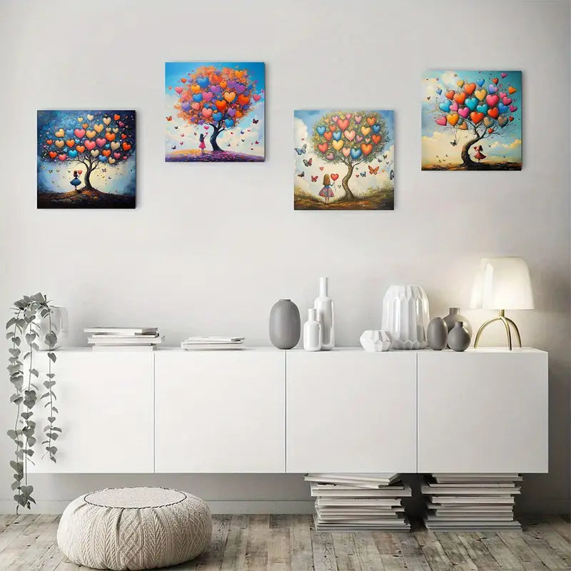 4pcs Girl Heart Balloon Butterfly Tree Canvas Wall Art Canvas Framed