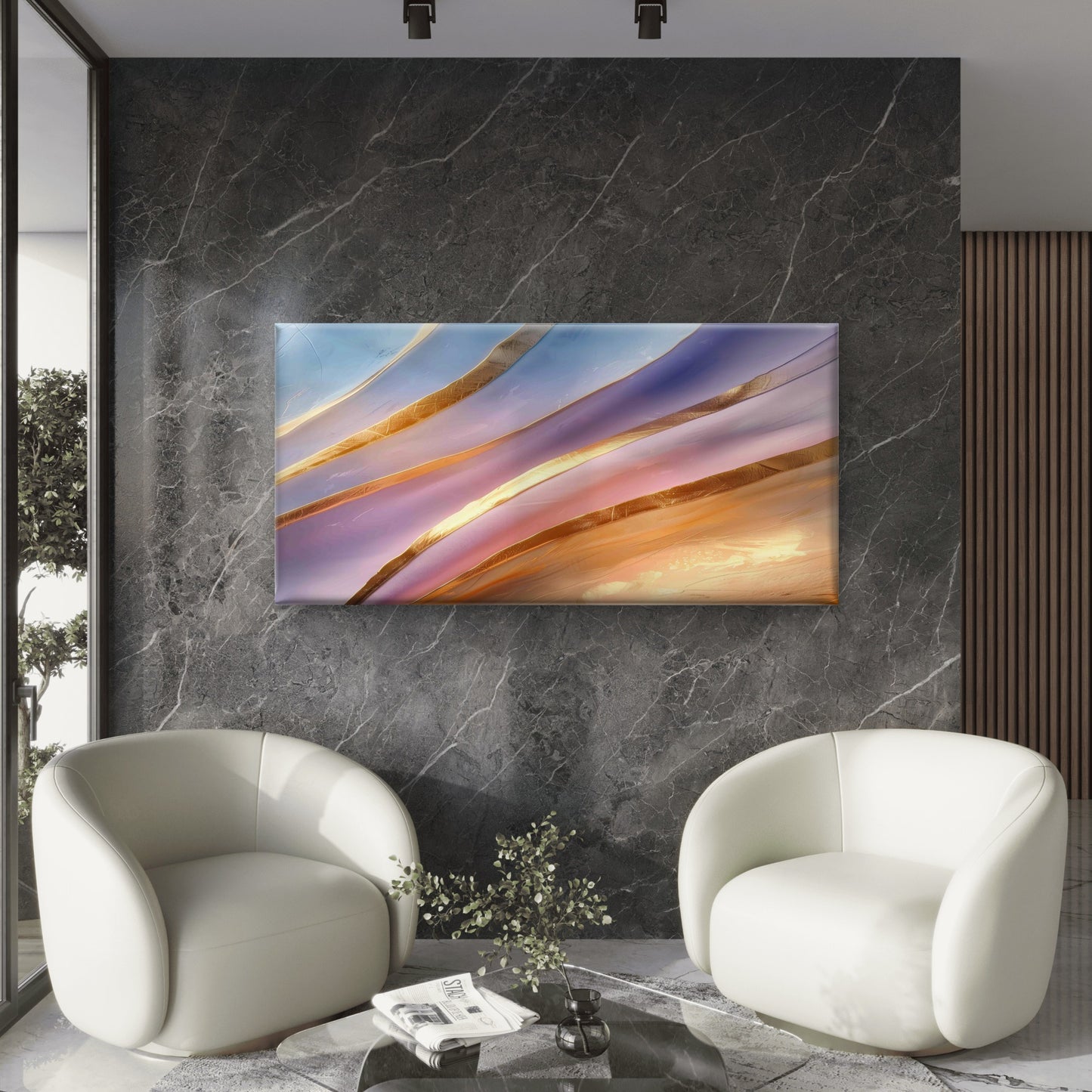 Pastel Lilac Gold Wave Wall Art Canvas Office Home Room Framed 120x60cm