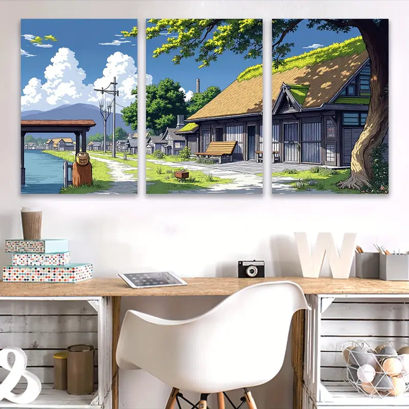 3pcs Countryside House & River View Landscape Wall Art Set Canvas Framed 40x60cm - High Quality Print 100% Australian Made Wall Canvas Ready to Hang - Bella Home Decor