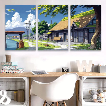 3pcs Countryside House & River View Landscape Wall Art Set Canvas Framed 60x90cm - High Quality Print 100% Australian Made Wall Canvas Ready to Hang - Bella Home Decor