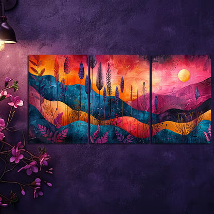 3pcs Abstract Landscape with Trees and Sun Wall Art Set Canvas Framed 60x90cm - High Quality Print 100% Australian Made Wall Canvas Ready to Hang - Bella Home Decor