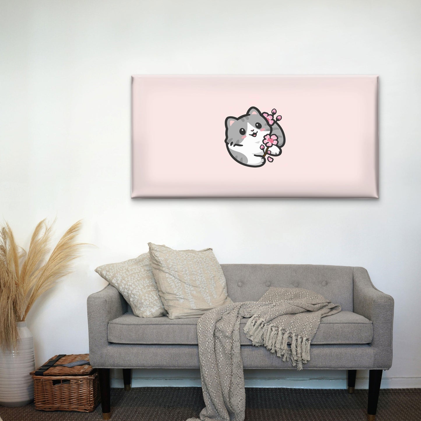 Cute Pastel Cat Blossom Wall Art Canvas Office Home Room Framed 120x60cm