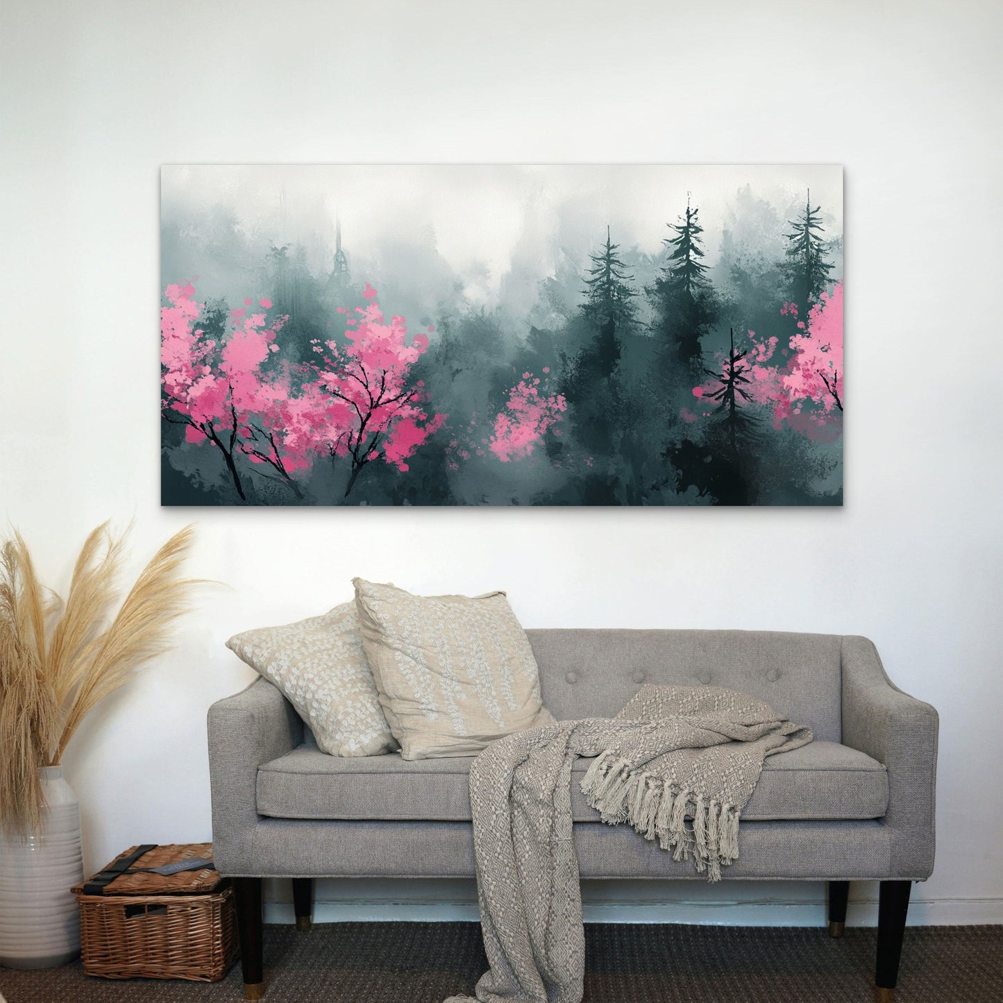 Misty Forest Cherry Blossoms Wall Art Canvas Office Home Room Framed 120x60cm