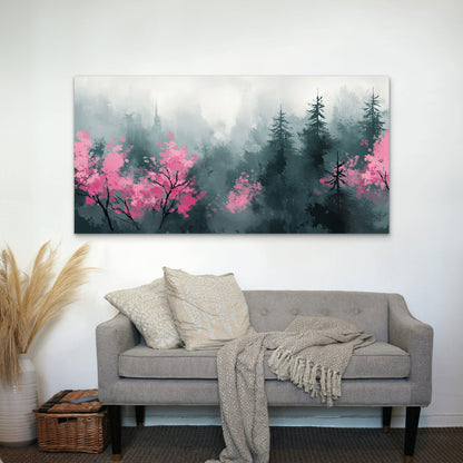 Misty Forest Cherry Blossoms Wall Art Canvas Office Home Room Framed 120x60cm