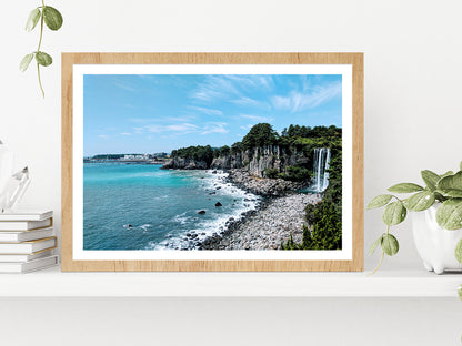 Waterfall At Jeju Beach Blue Sky Glass Framed Wall Art, Ready to Hang Quality Print With White Border Oak