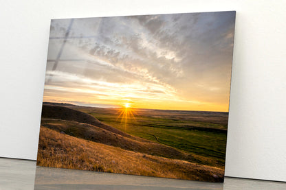 Sunset at Grasslands with Colorful Sky Acrylic Glass Print Tempered Glass Wall Art 100% Made in Australia Ready to Hang