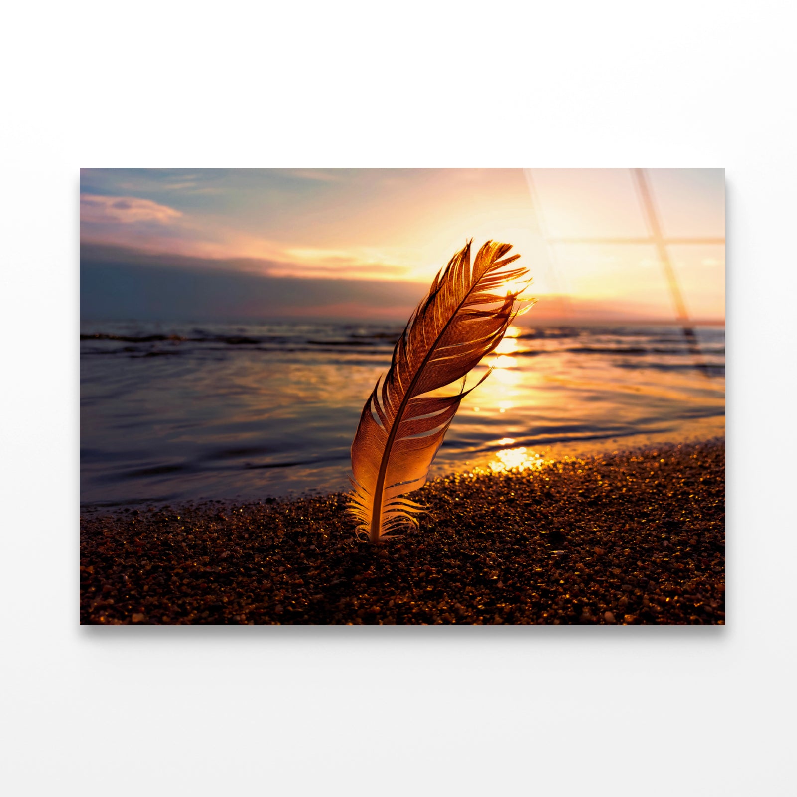 Feather With Sunset in Seashore Acrylic Glass Print Tempered Glass Wall Art 100% Made in Australia Ready to Hang - Bella Home Decor