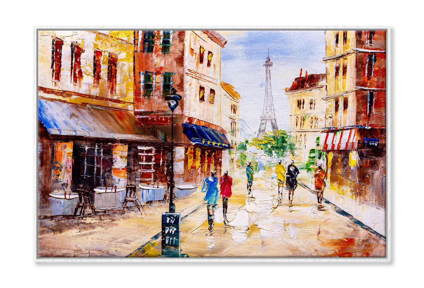 People Walking in Street & Eiffel Tower Oil Painting Wall Art Limited Edition High Quality Print Canvas Box Framed White