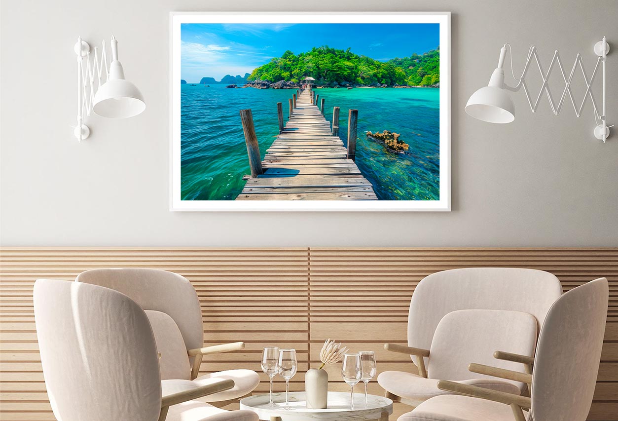 Wooden Pier Leads to An Island with Clear Blue Water and Lush Greenery Home Decor Premium Quality Poster Print Choose Your Sizes