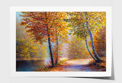 Bright Red Leaves Trees In Autumn Forest & River Oil Painting Wall Art Limited Edition High Quality Print Unframed Roll Canvas None