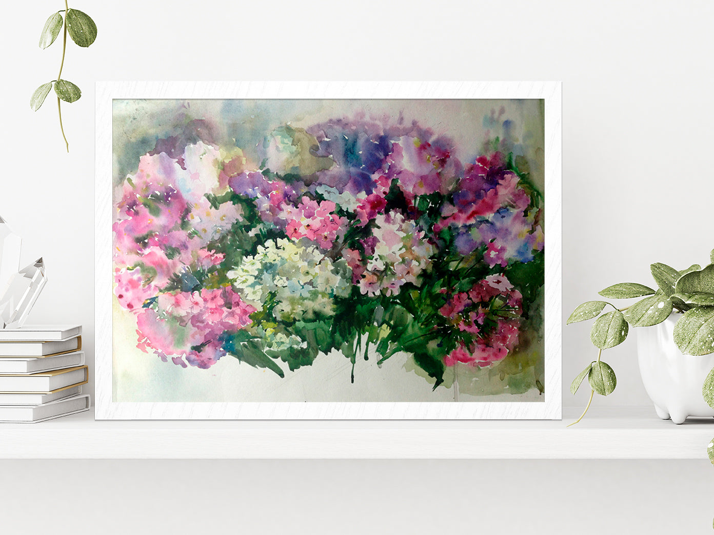 Watercolor Flowers Painting Glass Framed Wall Art, Ready to Hang Quality Print Without White Border White