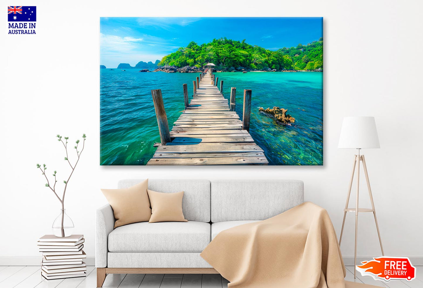 Wooden Pier Leads to An Island with Clear Blue Water and Lush Greenery Wall Art Decor 100% Australian Made