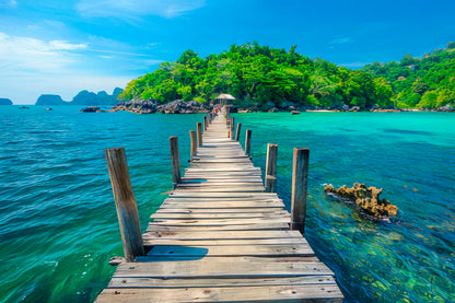 Wooden Pier Leads to An Island with Clear Blue Water and Lush Greenery  Acrylic Glass Print Tempered Glass Wall Art 100% Made in Australia Ready to Hang