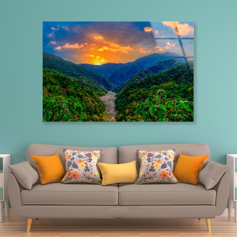 Rolling Mountain Sunrise Sky and Winding Valley Grass Acrylic Glass Print Tempered Glass Wall Art 100% Made in Australia Ready to Hang